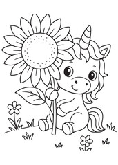 Coloring book page unicorn hiding behind a big sunflower.
