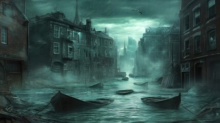 Gloomy, flooded urban scene