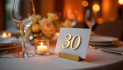 Elegant Table Setting with Golden Number 30 on a Candlelit Dinner Table for a Special Occasion
