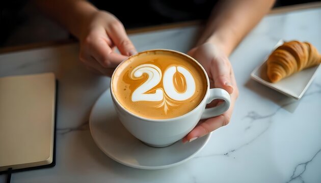 Celebratory coffee with number 20 latte art held in hands on a white marble table in a cafe