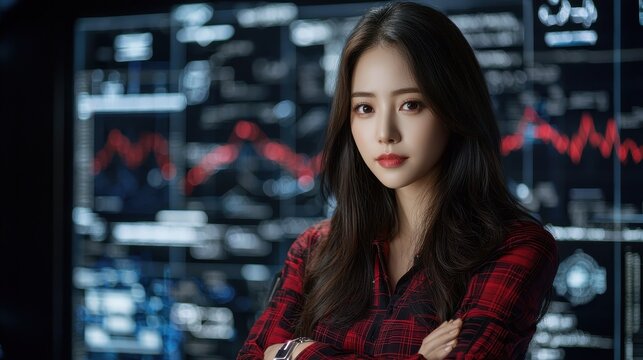 Confident Young Woman in Red Blouse Against Data Charts Background