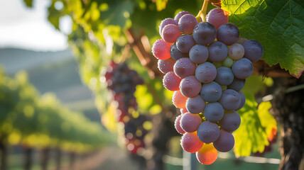 A vibrant bunch of ripening red and purple grapes hangs from a vine in a sunlit vineyard, with rows of grapevines blurring into the background.