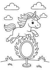 Coloring book page unicorn jumping through a fire hoop.