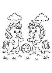Coloring book page two unicorns playing soccer on a sunny day.