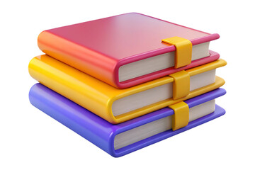 Stack of three colorful closed books with yellow bands isolated on transparent background
