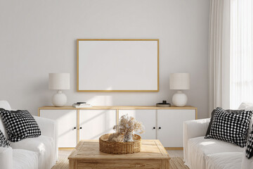 Blank horizontal frame for wall art in a modern minimalistic Scandinavian living room setup featuring empty space above a stylish console