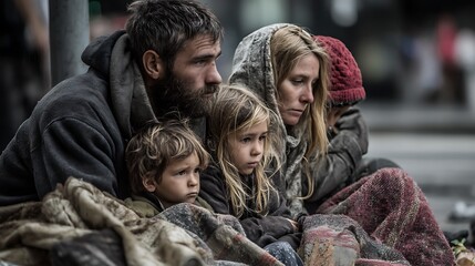 Fototapeta premium a real homeless family with children sitting on the sidewalk with blankets, tired and sad expressions, urban background, social inequality, photorealistic 