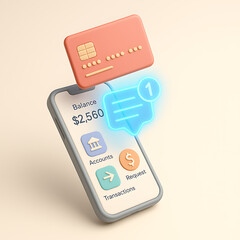 Modern smartphone displaying a banking app, credit card, and notification symbol for online payment...