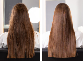 Caucasian female hair transformation: keratin treatment shows stunning before and after results