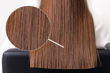 Saturated healthy shiny hair after dyeing. Concept of recovery structure keratin treatment, haircare