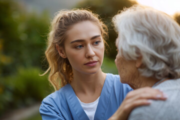 Compassionate young caregiver providing emotional support to an elderly woman outdoors in a serene garden setting