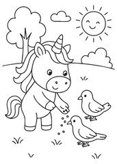 Coloring book page unicorn feeding birds in the park.