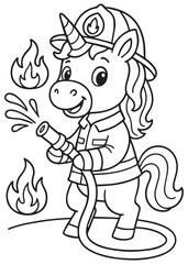 Coloring book page of firefighter unicorn spraying water on fire.