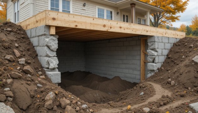 Foundation Underpinning Project with Visible Exterior Soil Removal Site