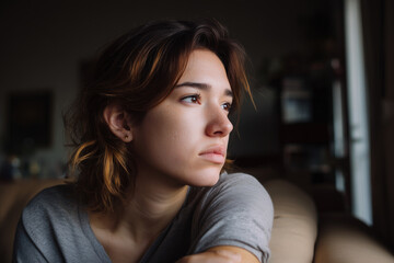 Thoughtful young woman looking out the window in soft natural light, capturing a moment of quiet reflection and emotion