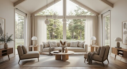 Fototapeta premium Light-Filled Living Space with High Vaulted Ceiling and Nature Views for Relaxing Comfort and Calmness