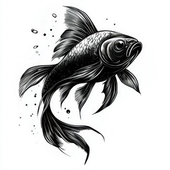 Black and white illustration of a goldfish swimming gracefully in a clear space