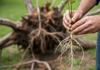 Hands Holding Young Plant with Exposed Roots: Symbolizing Transplantation, New Beginnings, and Reforestation Efforts.