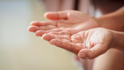 Close up hands finger senior woman. Life body care old hand nails adult person. Closeup anatomy...