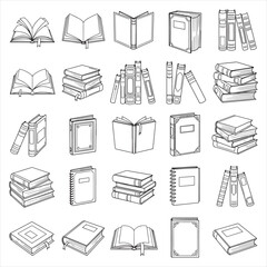 Vector Set of Books, Open Books, Close Books and Bookshelves in Clean Line Art Design