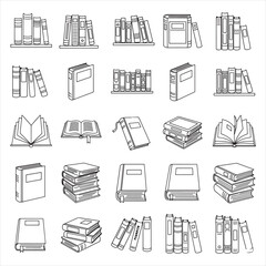 Vector Set of Books, Open Books, Close Books and Bookshelves in Clean Line Art Design