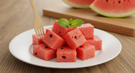 Freshly Cut Watermelon Cubes on a White Plate with Mint Garnish