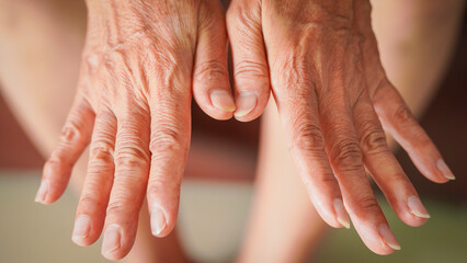 Close up hands finger senior woman. Life body care old hand nails adult person. Closeup anatomy fingers elderly aged. Retirement patient. Visit mature people. Female wrinkled. Wellness health care 