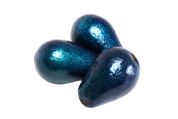 three blue avocados are sitting on a white surface