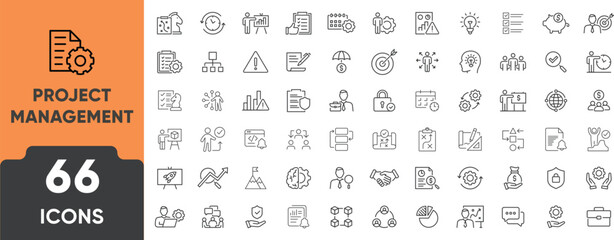 Startup, Business, Project, Management Line Icon Set. Set of 66 outline icons including planning, launch, teamwork, goals, timeline, tasks, and workflow. Editable stroke. Linear vector illustration.