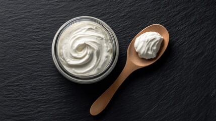 Creamy White Yogurt or Sour Cream in Glass Jar with Wooden Spoon on Dark Background