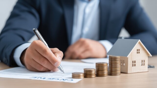 Real Estate Market, Buy, Sell, Rent a Home. Businessman signing documents with coins and a model house on the table.