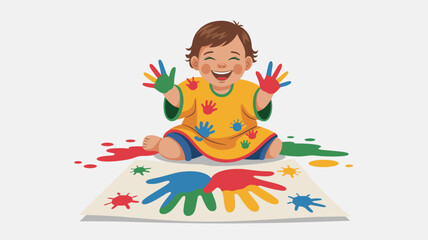 happy baby doing finger painting with colorful hands, vector illustration for childhood creativity, messy play and sensory development