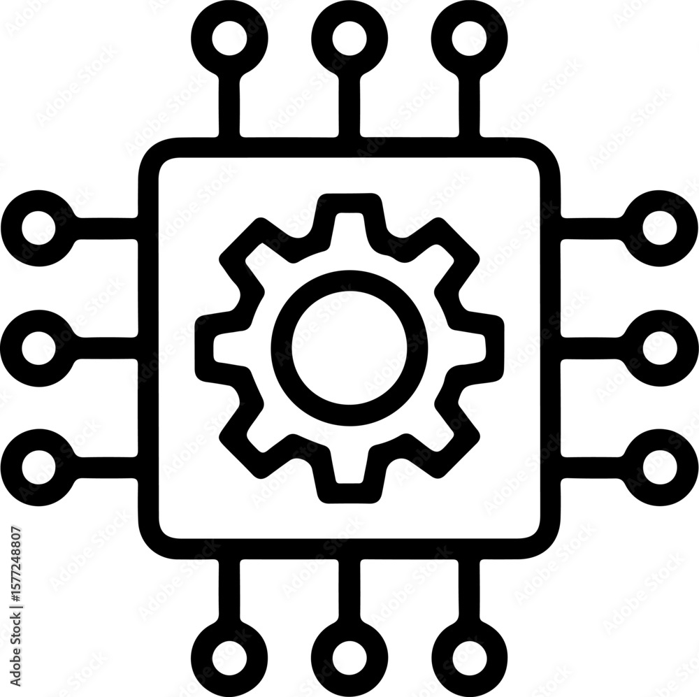 Fototapete abstract black line art icon representing a microchip with a gear inside and connections