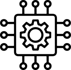 Abstract black line art icon representing a microchip with a gear inside and connections