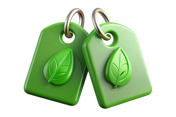 Two green eco friendly tags with leaf symbols isolated on transparent background