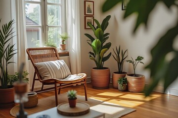 Fototapeta premium Cozy Boho Living Room with Natural Light and Greenery