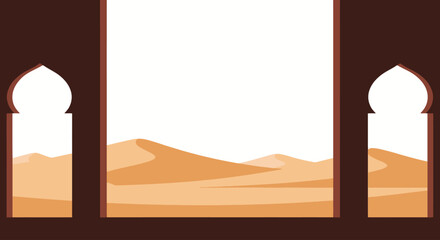 Desert Landscape Through Traditional Arched Windows Illustration