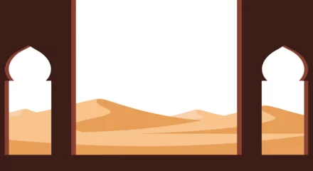 Selbstklebende Fototapeten Schokoladenbraun Desert Landscape Through Traditional Arched Windows Illustration  © Moe