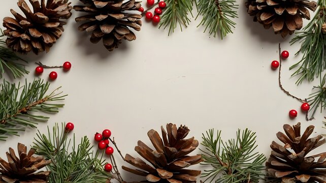 Marco navide&ntilde;o con pi&ntilde;as, ramas de abeto y bayas rojas sobre fondo claro