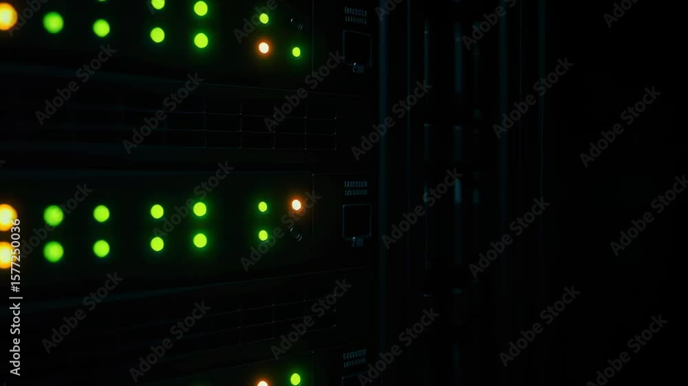 Poster data center rack with illuminated server lights indicating performance and activity levels