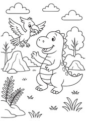 coloring book Friendly dinosaur playing with bird outdoors