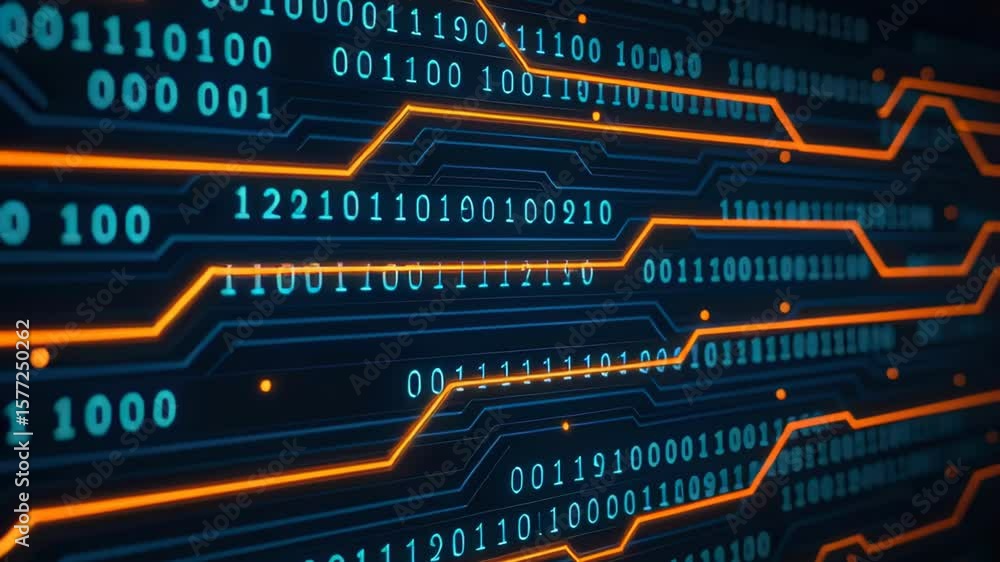 Poster Abstract Digital Background with Glowing Binary Code and Circuit Patterns in Blue and Orange