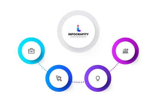 Infographic design showcasing business concepts with modern icons and sleek layout. Flowchart with 4 steps for presentations, data illustration, and creative communication resources