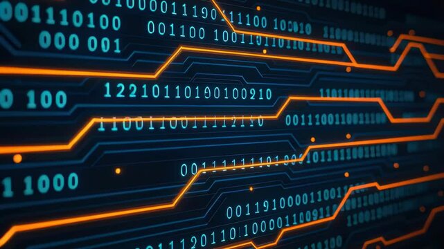 Abstract Digital Background with Glowing Binary Code and Circuit Patterns in Blue and Orange