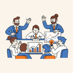 Handdrawn Outline Meeting People Around Table with Graph Business Illustration