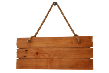 Empty wooden sign hanging on white wall with rope