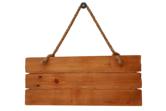 Empty wooden sign hanging on white wall with rope