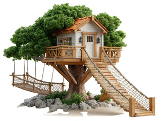Whimsical Treehouse: A charming treehouse nestled in the branches of a large, lush tree. with a wooden bridge and staircase, offers a playful retreat. A picture of childhood fantasy and peacefulness.