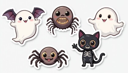 Cute kawaii Halloween character sticker set with a ghost cat spider and bat isolated on a white background