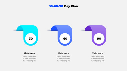 Clear infographic depicts a 30-60-90 day plan layout with vibrant design elements. Ideal for business and planning presentations